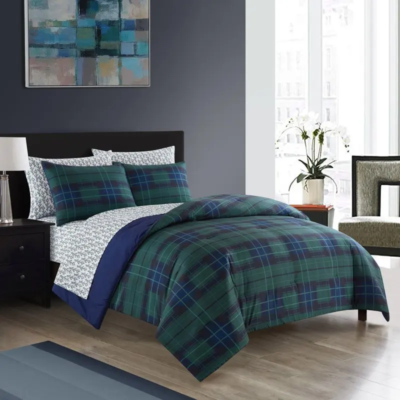 

Super Soft 7-Piece Blue Tartan Bed in a Bag Bedding Set, Queen For Adults