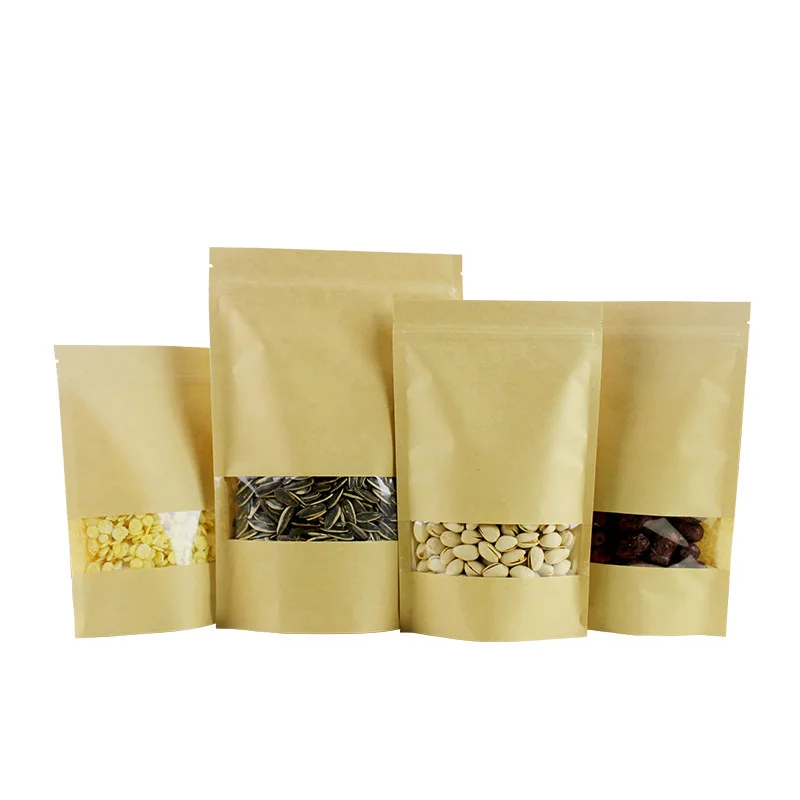 

Kraft Stand Up Pouches Transparent Window Paper Zip Edible Mylar Bags Packaging For Food Storage Tea Snack Bath Salts Container