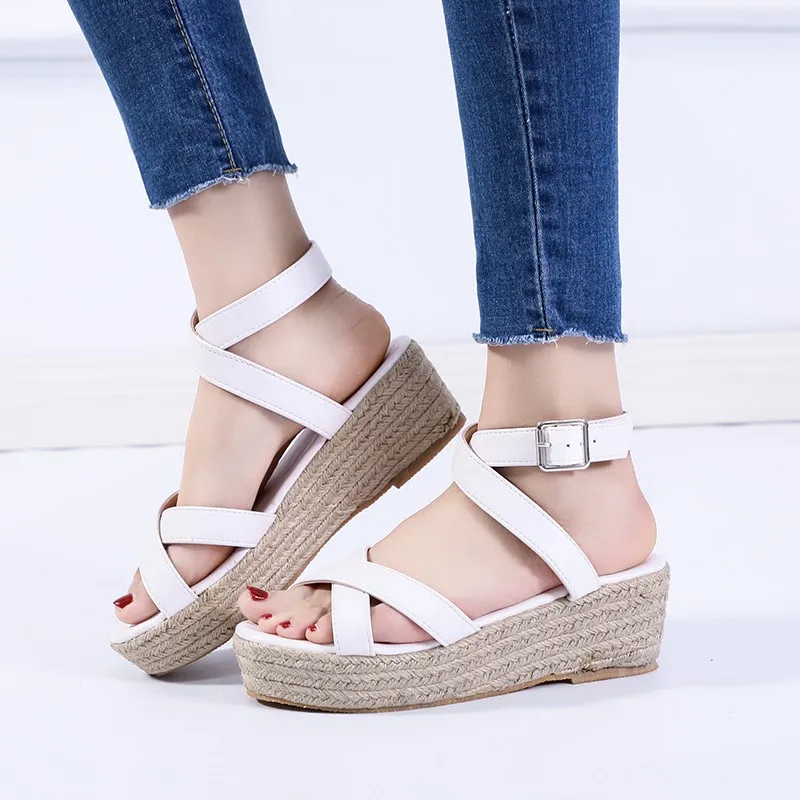 

Brand New Comfy Walking Fashion Black All Match Leisure Bohemia Straw Platform High Heels Wedges Shoes Women Summer Sandals