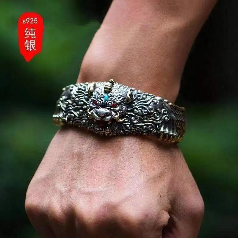 Golden Cudgel bracelet male sterling silver 999 strong Retro Opening  Bracelet Xiangyun Silver