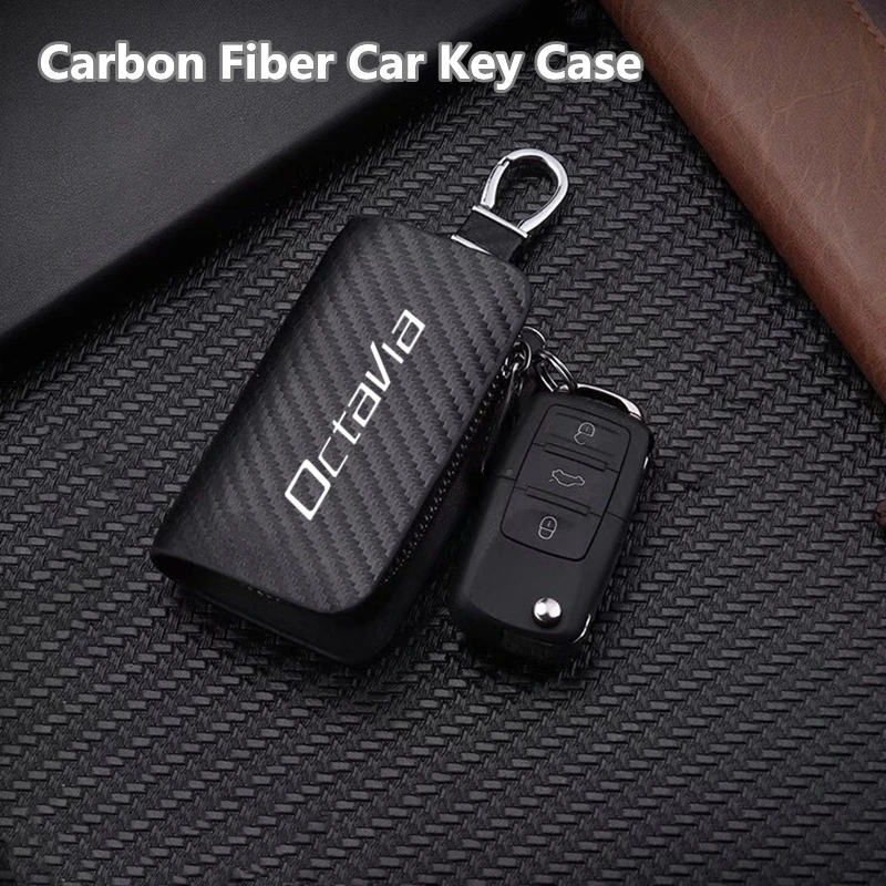 

10X6CM Car Remote Key Case Cover Fob Carbon Fiber Car Key Case For Skoda Octavia RAPID Superb Fabia Kodiaq Kamiq Karoq