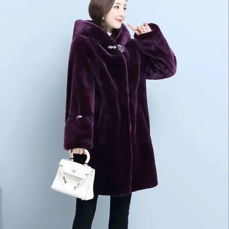 Women's Winter Faux Fur Jacket Thick Thermal Black Fur Coat Mid-length Hooded Fur Jacket Large Crystal Button Embellishment