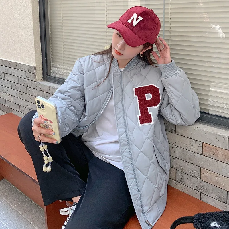 Parkas Women Rhombus Letter Retro Cotton-Padded Coat Short Coat Women's   Winter Loose Baseball Uniform Winter Coat Women
