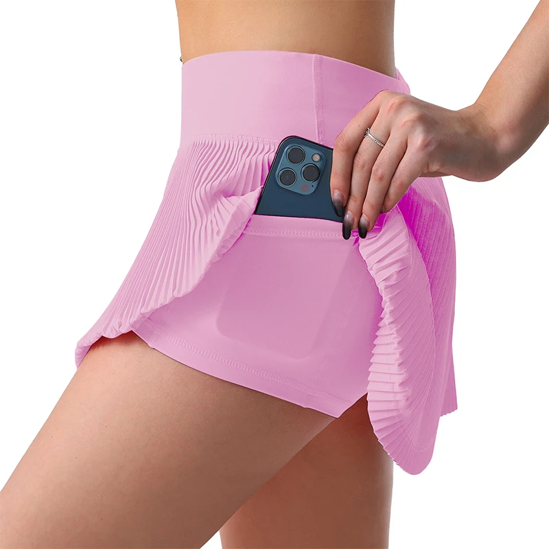 CUGOAO Women Rose Red Pleated Tennis Skorts Solid Fashion Sexy Golf Badminton Fitness Skirts with Pocket Female Gym Sportswear
