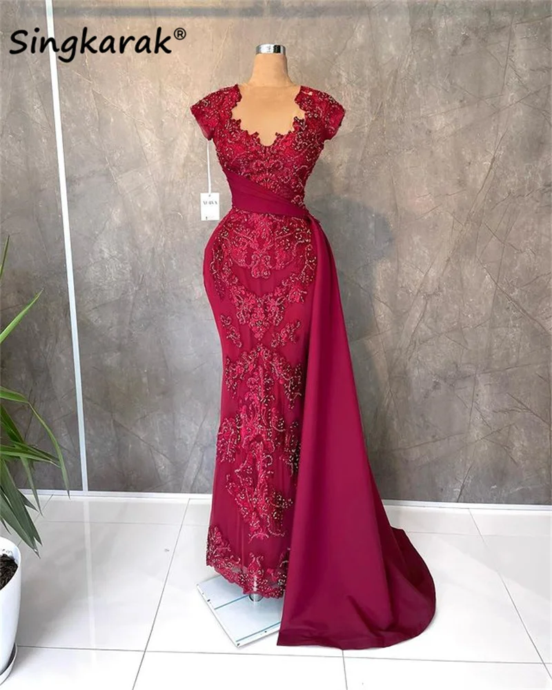 

Роскошные бордовые вечерние платья с юбкой-годе Дубаи 2022, блестящие свадебные платья с аппликацией и вырезом, вечерние платья