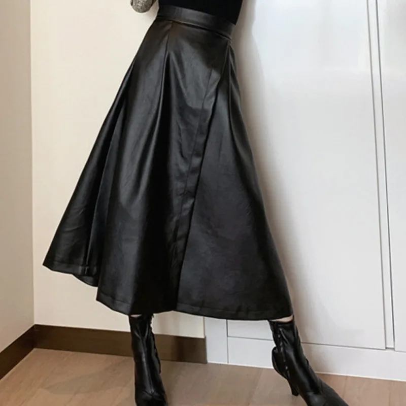 

Kio Streetwear Solid Split Leather Skirt for Women 2022 Spring Fashion High Waist Loose Female A-line Leather Skirt