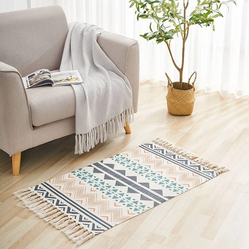 

Nordic style floor mat living room household cotton linen carpet tea table bedroom bedside mat fresh national style