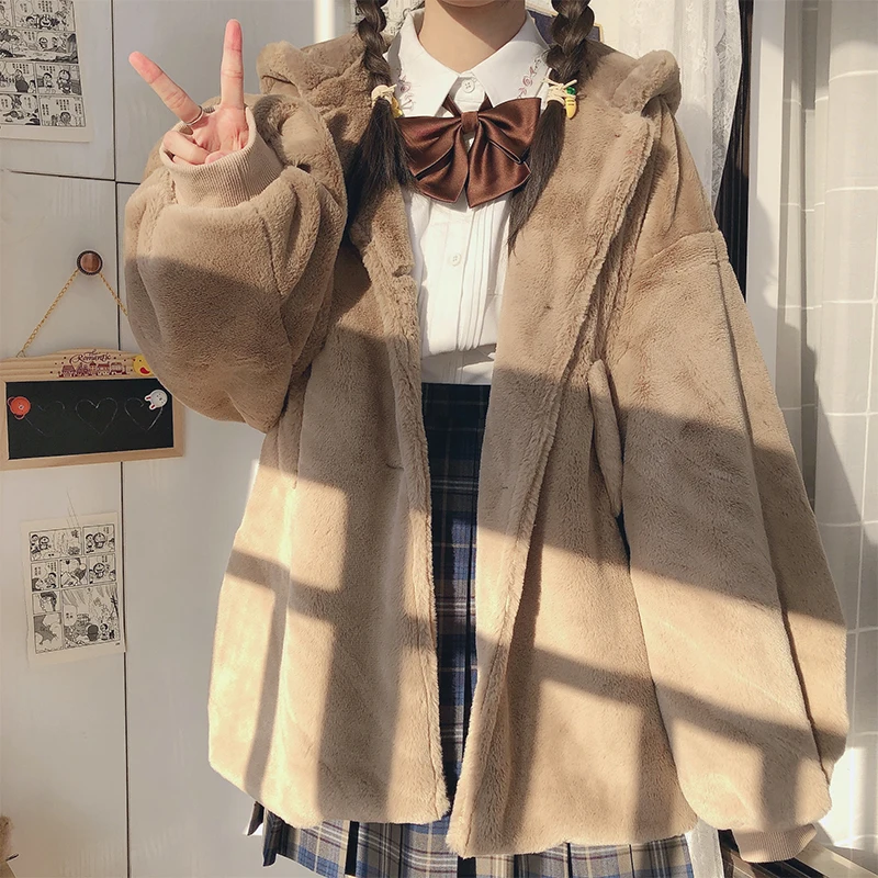 Winter White Cute Parkas Soft Oversized Fluffy Faux Fur Coat Women with Hood Long Sleeve Lovely Harajuku Kawaii Jacket 2023