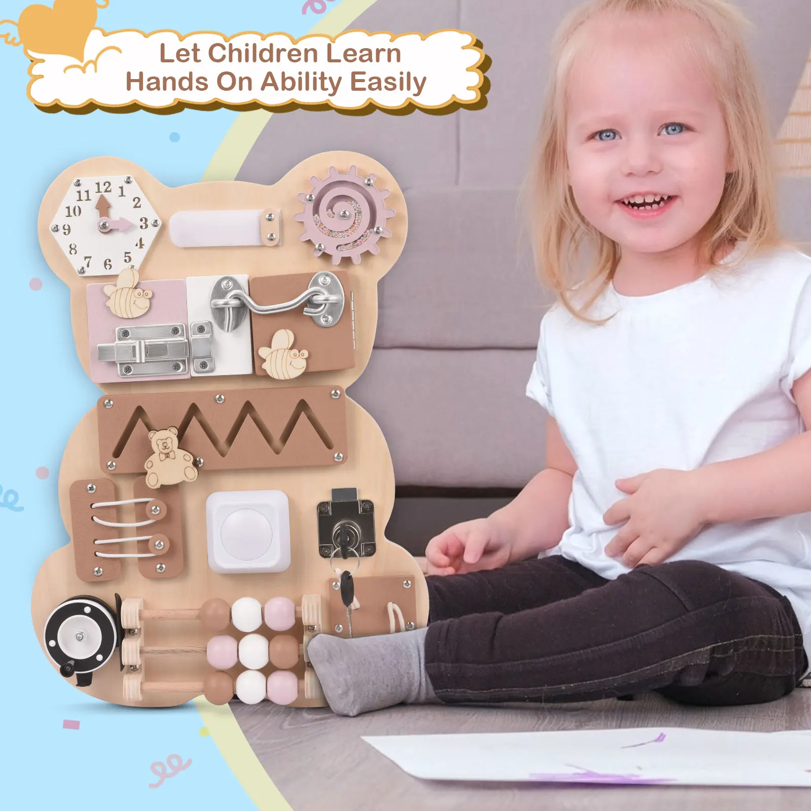 

WANARICO Toddler Busy Board Bear Fine Motor Skills And Basic Life Skills Learning Wooden Handmade Baby Sensory Activity Boards