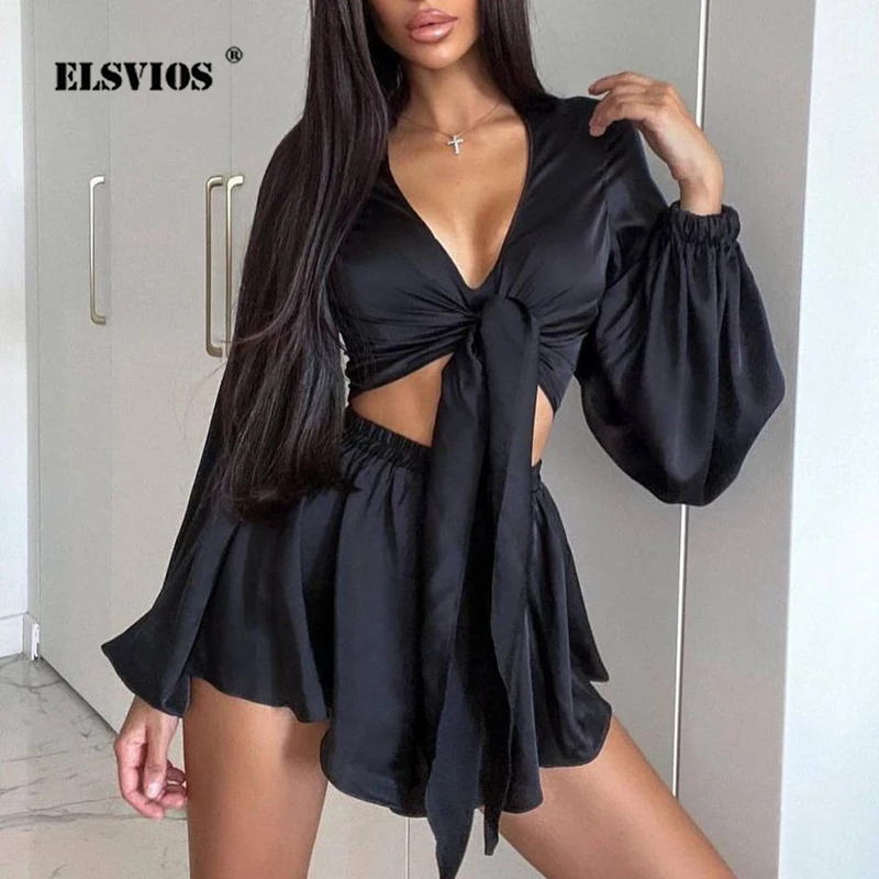 

Women's Shorts Suits Summer Fashion Sexy Lace-up V Neck Cropped Long Sleeve Blouses Two Piece Sets Femme Commute Elegant Clothes