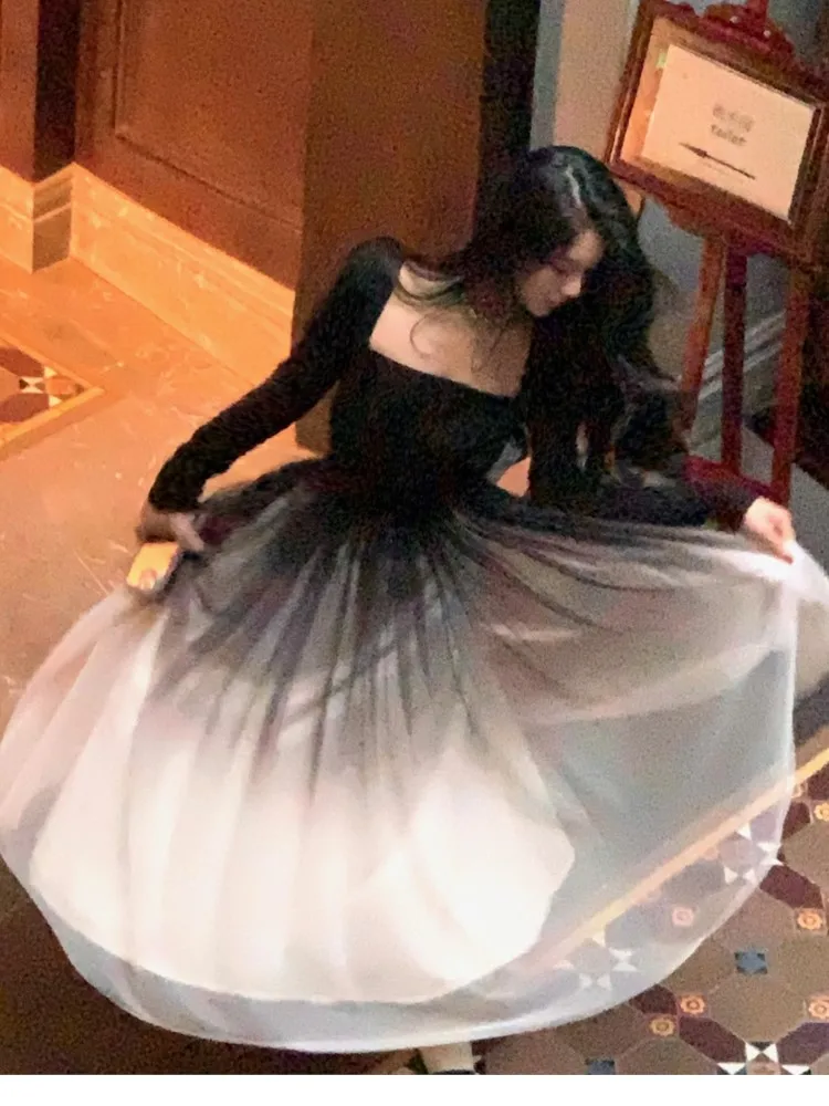 

Women's Mesh Patchwork Midi Dress Evening Party Prom Robe Long Sleeve Square Collar Gradient French Vintage Vestidos Mujer New