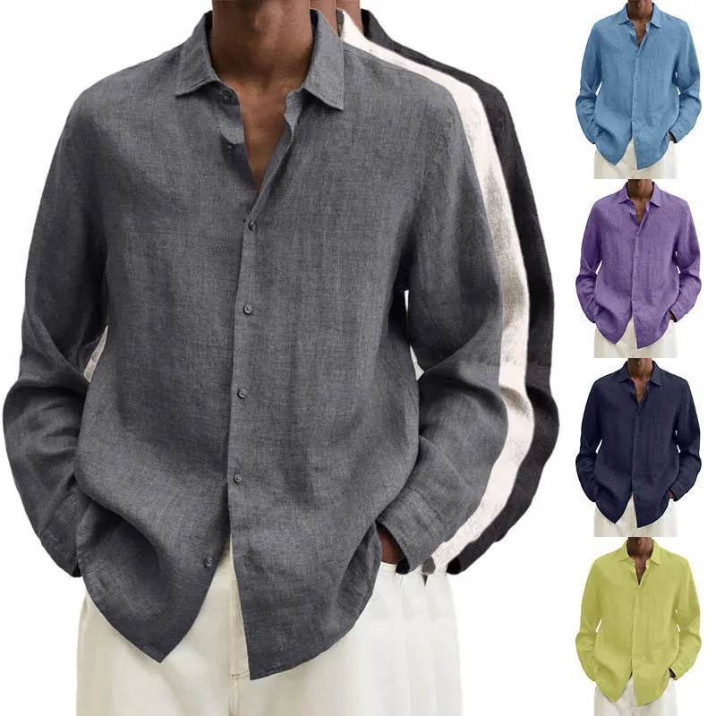 

Cotton Linen Shirts for Men Long Sleeve T Shirt Man Casual Lapel Buttoned Men Shirts Oversized Top Loose Solid Clothes Camisas
