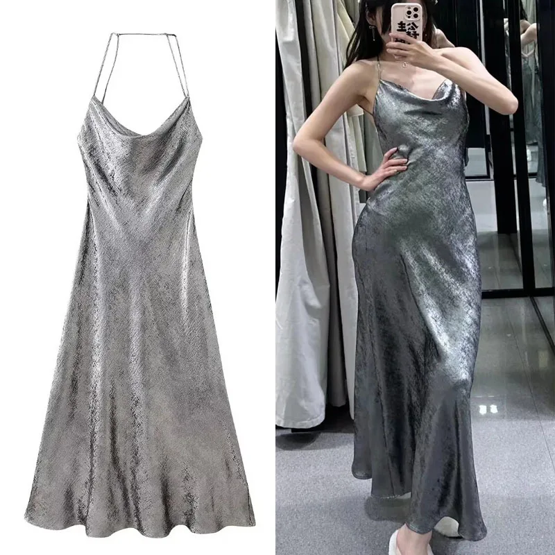 

TRAF Woman Metal Foil Silk Sling Midi Dress Fashion Draped Neck Sleeveless Backless Long Dresses 2024 Autumn Causal Slim Dress