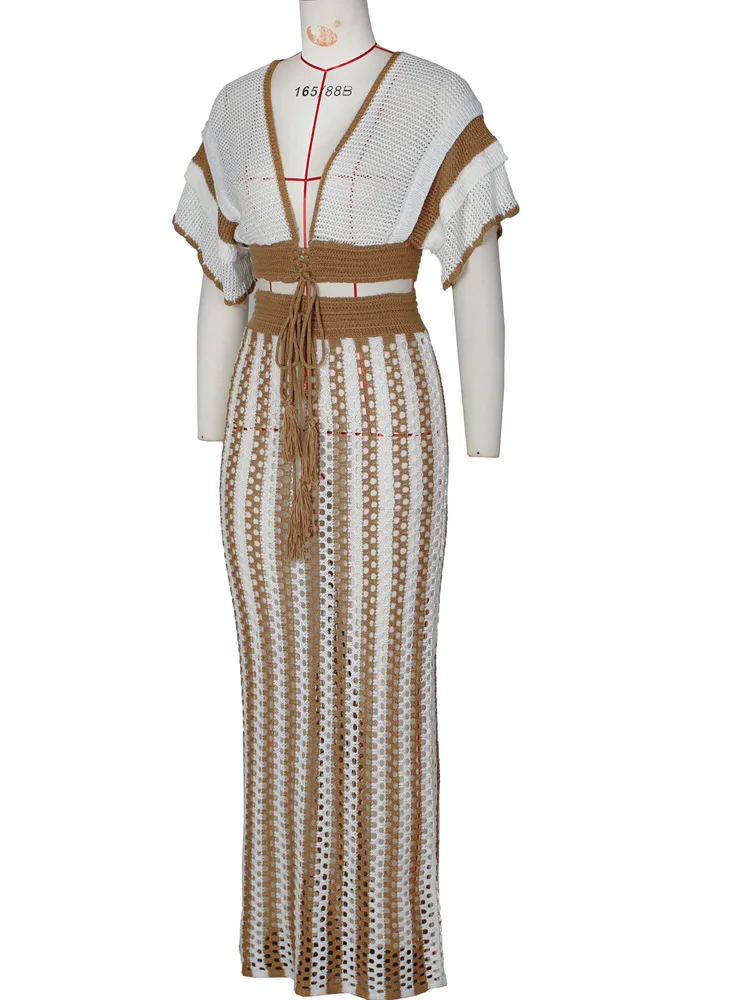 Beyprern полосатый принт V-образный вырез короткий рукав на шнуровке вязаный кроп-топ