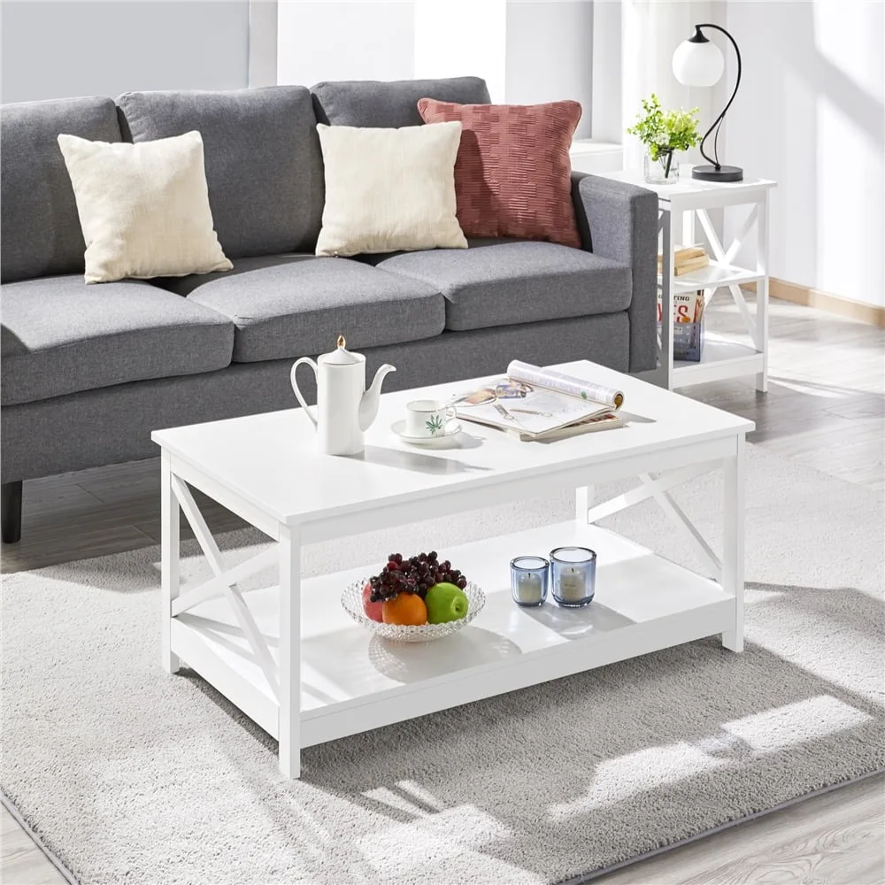 

Coffee Table White Modern Wood X-Design Rectangle Coffee Table With Storage Shelf Furniture Side Living Room Home