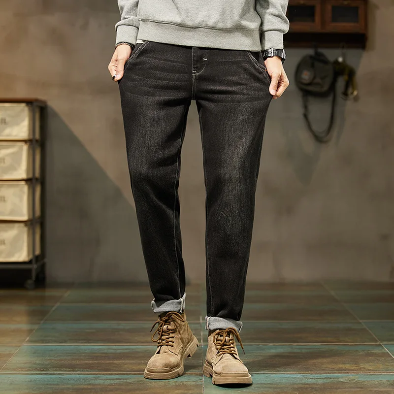 Autumn and winter small leg jeans men's casual twill durable denim trousers elastic slim simple comfortable young men's trousers