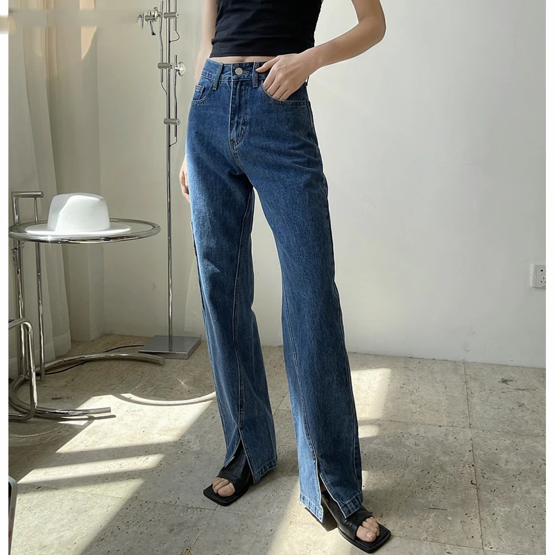 

Брюки женские джинсовые с высокой талией, шикарные Свободные повседневные штаны из денима с карманами и разрезом, весна-лето 2022