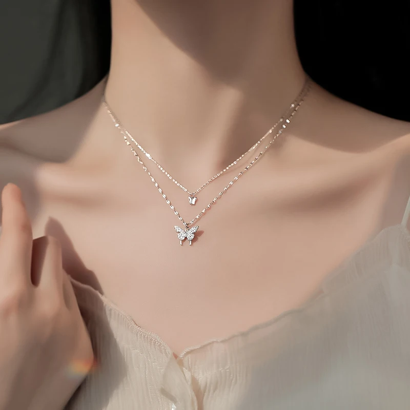 

Cute Double-layer Butterfly Paired Couple Pendants Necklaces For Women Chain Necklace Neck Jewelry Gift For Girlfriend