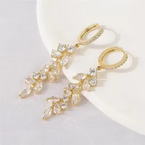 Imported New Two Tone Leaf Women's Carbon Zircon Long Earrings Color Jewelry Wedding Event Pendant Style Gift