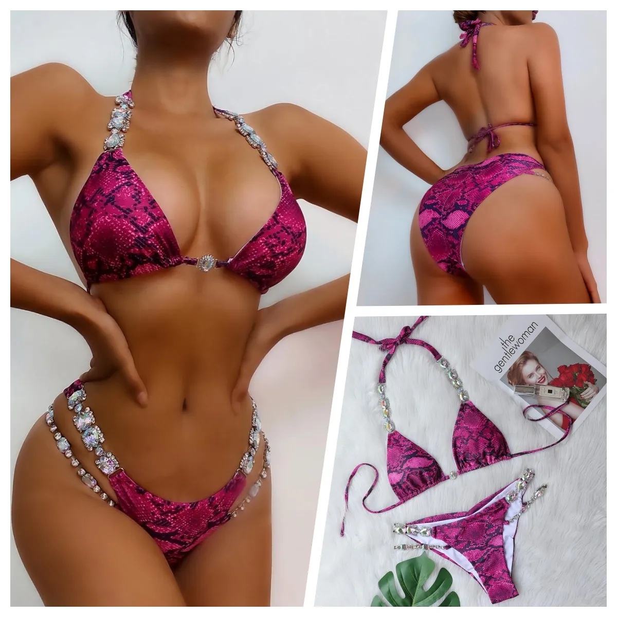 

Новинка 2023, комплект бикини, сексуальный женский раздельный купальник со змеиным принтом и цепочкой с кристаллами, купальный костюм из двух предметов, пляжная одежда, стринги