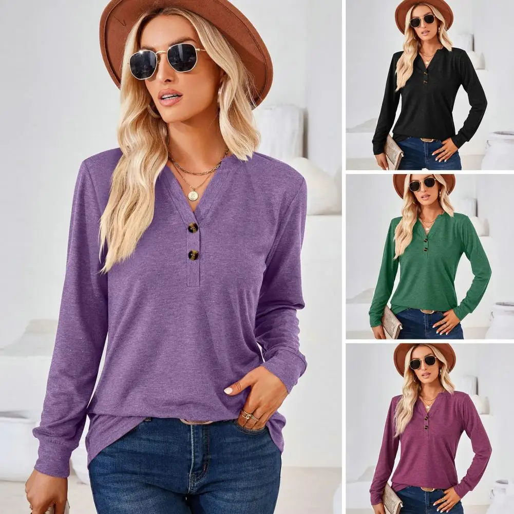 

Women Spring Fall T-shirt Button V Neck Long Sleeve Pullover Top Solid Color Casual Loose Lady Blouse Shirts Female Clothing