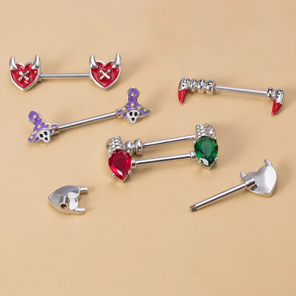 

1 Pair Gothic Stainless Steel CZ Nipple Rings Barbell Sexy Words Heart-Shape Breast Nipple Piercing Jewelry 14G Halloween Gift