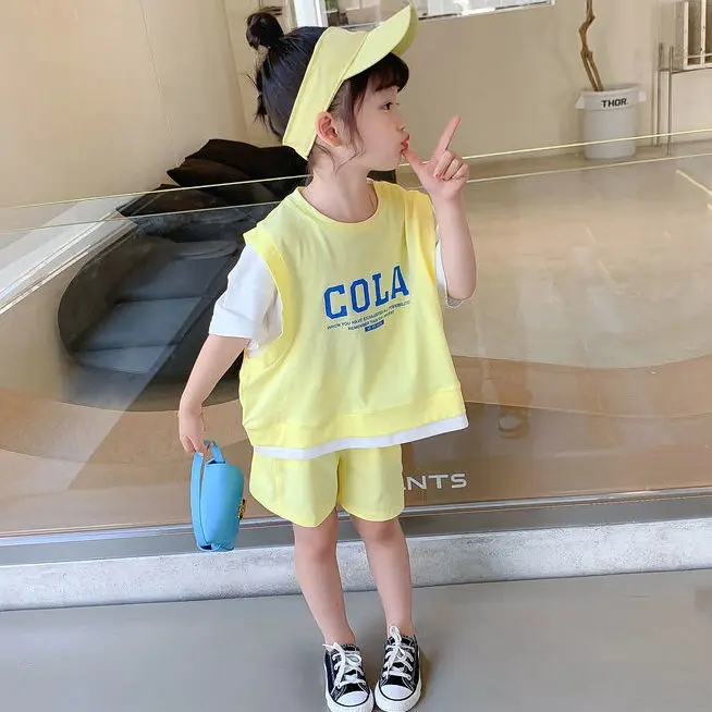 Cotton girls' short sleeved suit summer new imitation two-piece set western style medium and large children's two-piece set