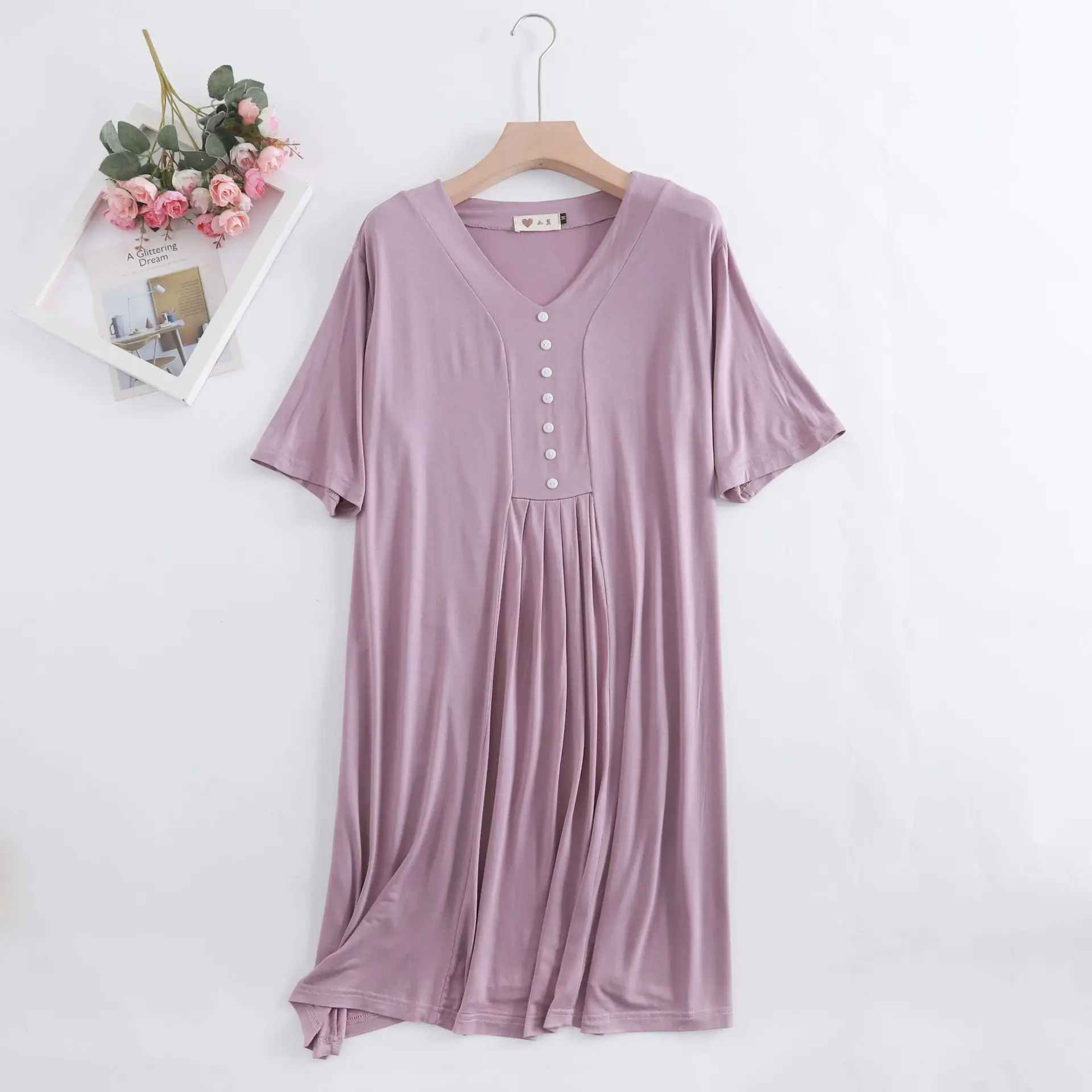 Fdfklak Modal Nightgown Sleep Lounge Women Button Design Summer Loose Homewear Short Sleeve Nightdress Soft Casual Sleepwear