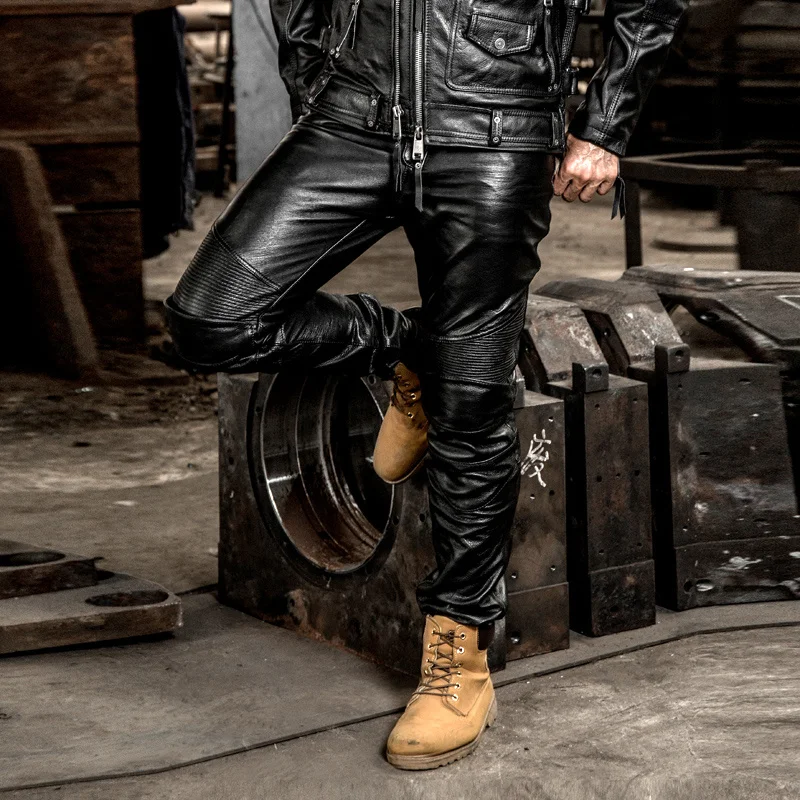 

Long Brand Genuine Male Profession Motorcycle Biker Trousers Slim Fit Cowskin Real Leather Protective Gear Pants