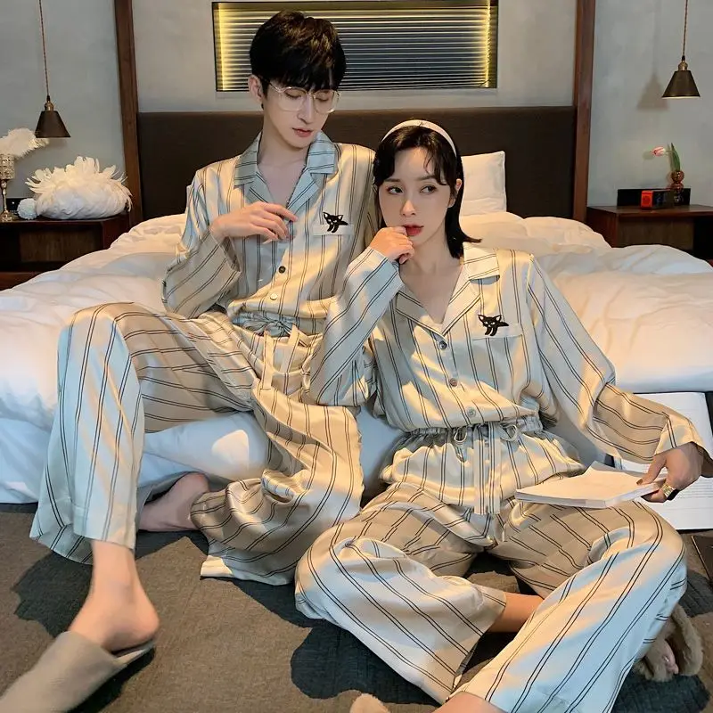 Lovers pajamas for men and women age season thin men leisurewear silk long-sleeved suit for young students