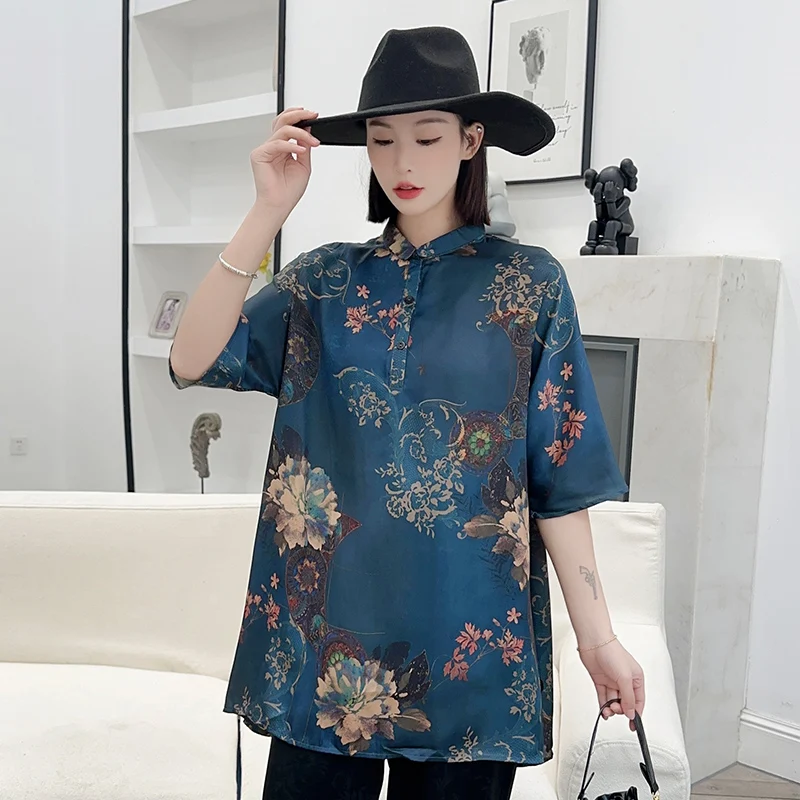 

Шелковые женские рубашки в китайском стиле, Новинка лета 2023, винтажные блузки с принтом, атласные свободные топы с круглым вырезом и коротким рукавом YCMYUNYAN