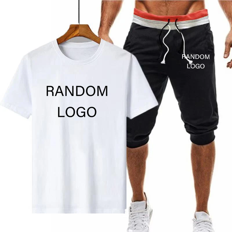 

Summer Cotton T-shirt+Double Rope Cropped Trousers 2PCS Random Logo Print Men Clothes Comfortable Tracksuit Man Casual Sport Kit