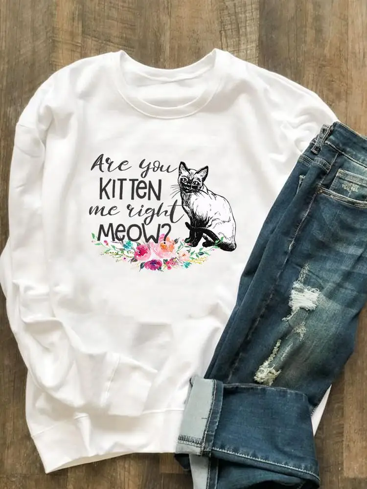 

Cat Flower Style Lovely Fashion Print Pullovers Graphic Sweatshirts Autumn Spring O-neck Clothes Casual Women Clothing
