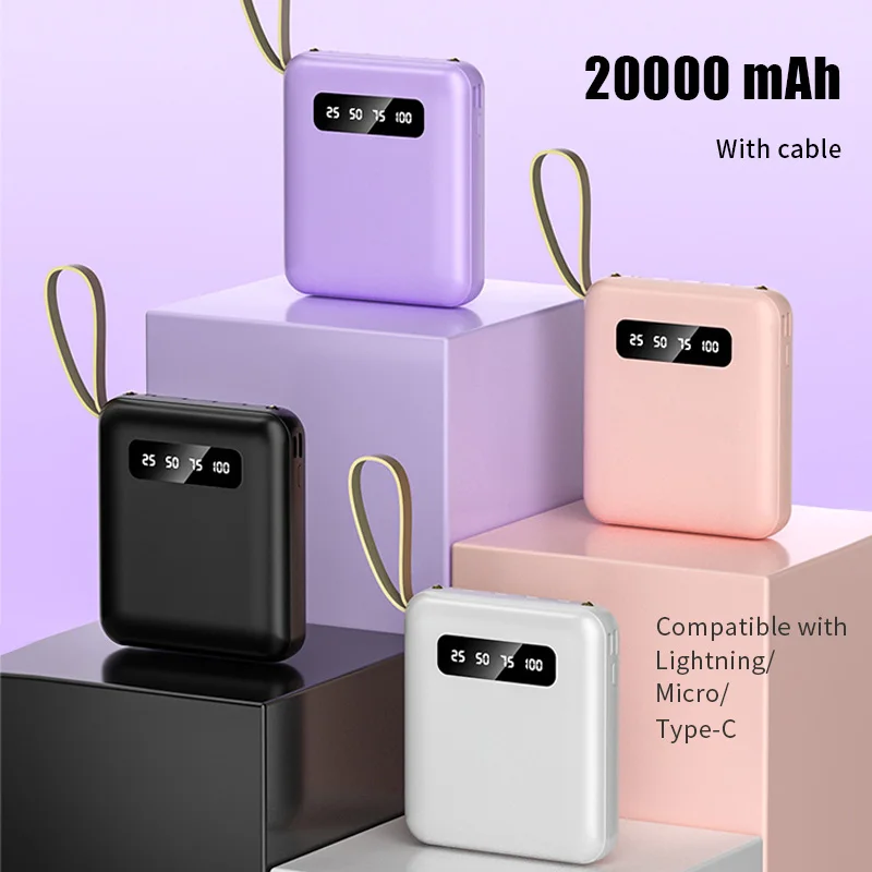 Портативный внешний аккумулятор 20000 мА с кабелем большой емкости выходом