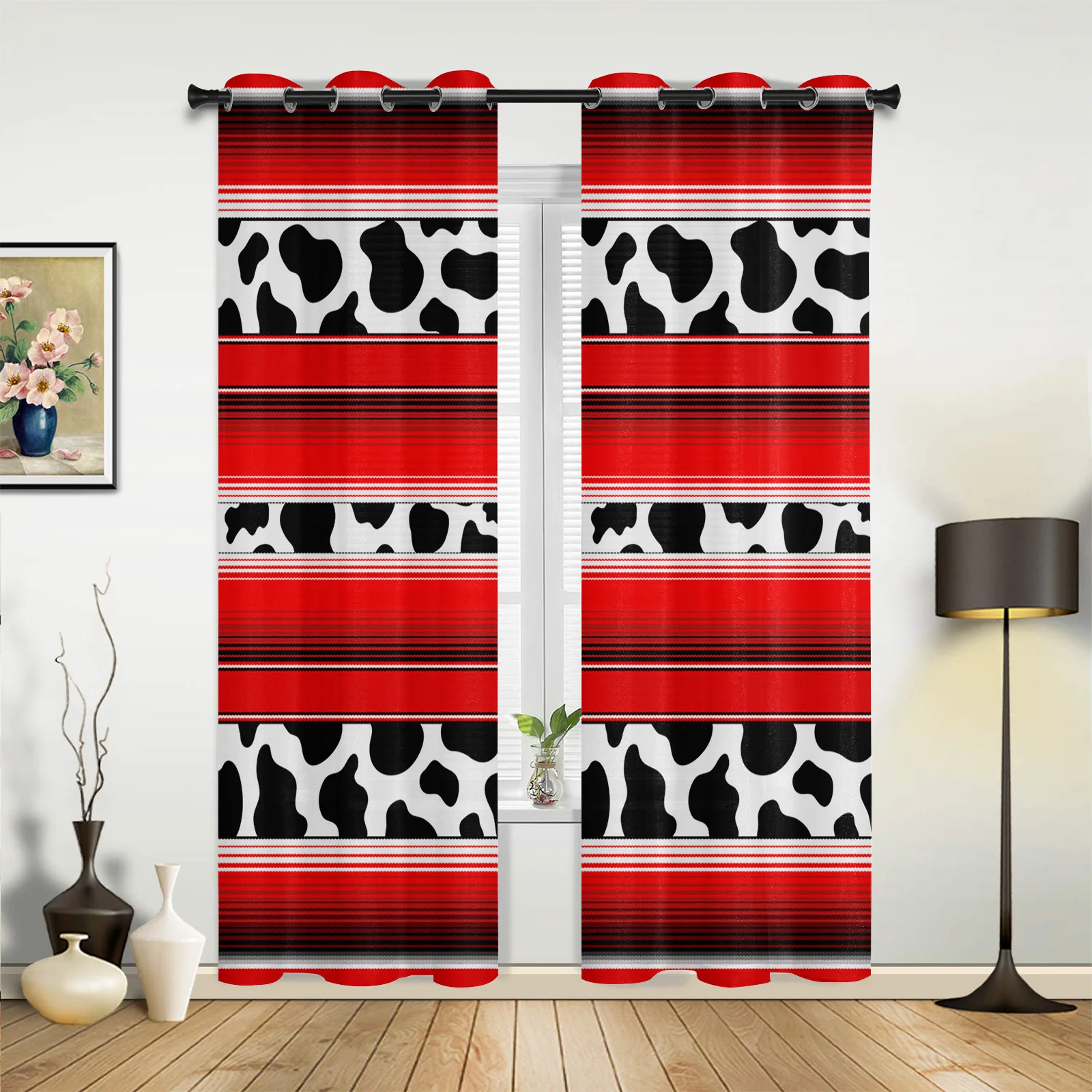 

Cow Pattern Striped Red Window Curtain Translucidus for Living Room Left and Right Biparting Open Printed Drapes for Bedroom