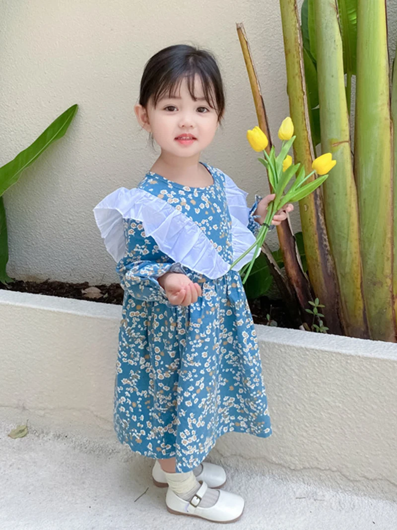 

2022 Spring Autumn Kids Dress For Girls Korean Fashion Ruffles Patchwork Floral Dresses Princess Casual Lantern Sleeve Clothes