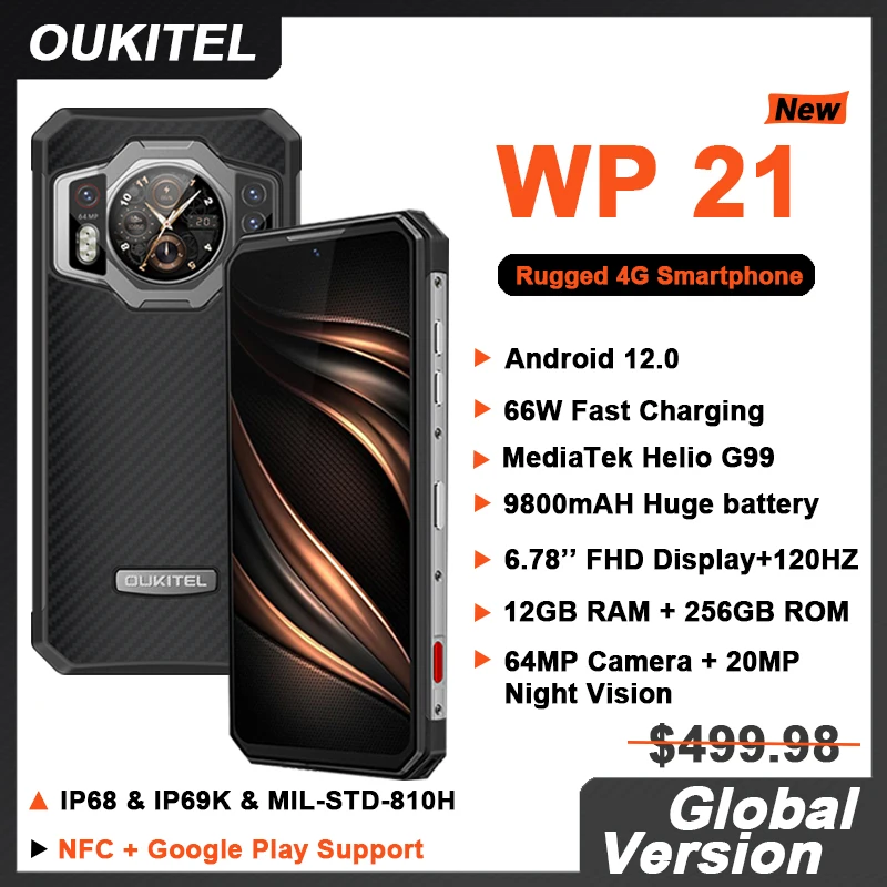 6.78'' FHD+ 120Hz OUKITEL WP21 Rugged Smartphone 12GB 256GB 64MP Camera 9800mAh Huge Battery 66W Fast Charging NFC Cellphones