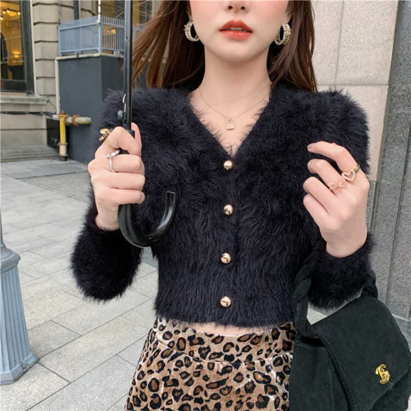 

Fluffy Mohair Knitted Cardigan Korean Style Short Tops Elegant Women Sweaters Furry Fashion Coat White Black Blue Green 2022