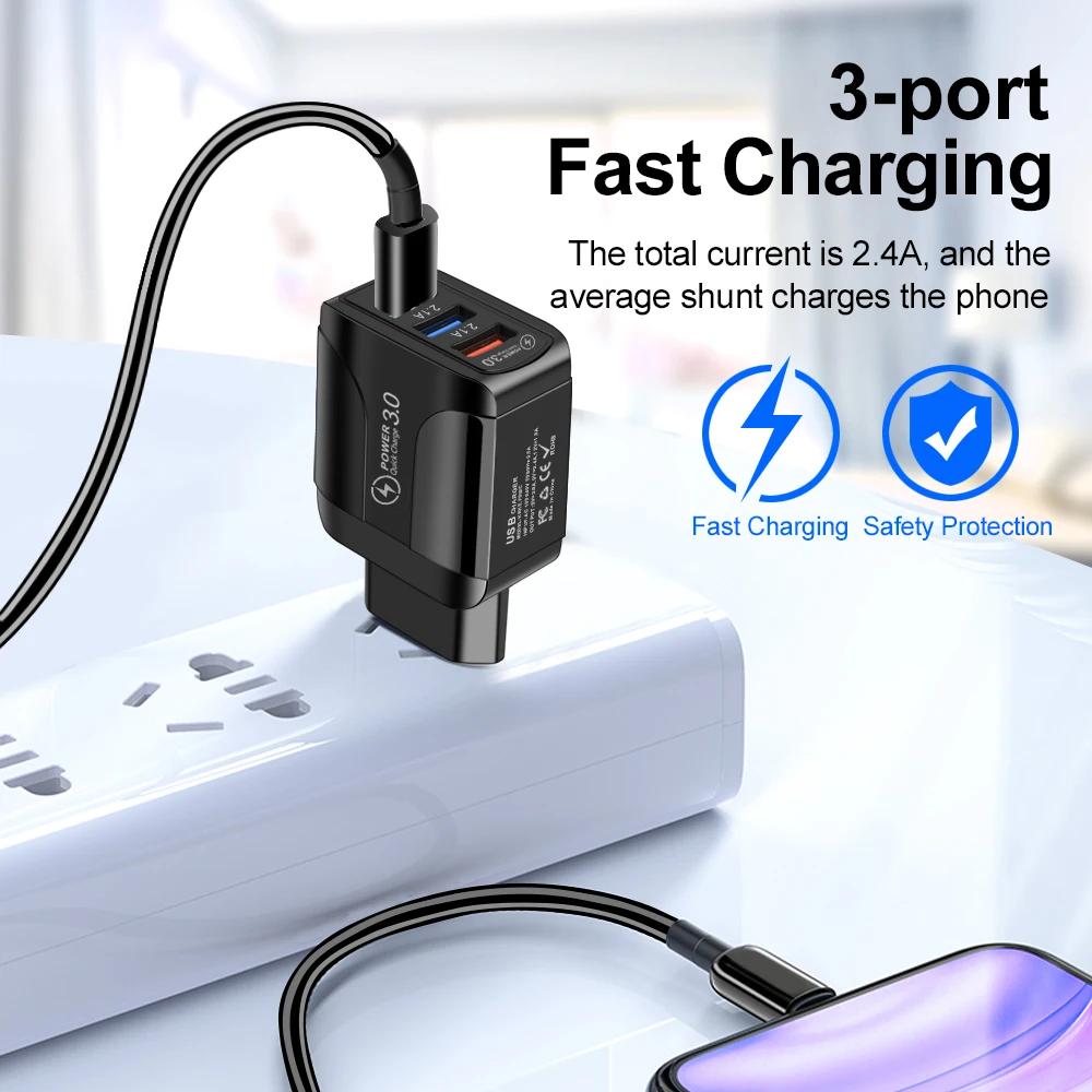 

Quick Charge 3.0 USB Charger Adapter for iPhone 11 Pro Max Xiaomi EU Plug 3 Ports USB QC3.0 Fast Charging Mobile Phone Charger