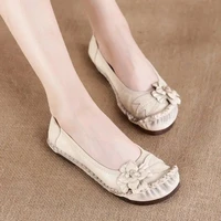 genuine leather summer shoes woman casual breathable flats ladies ethnic style floral shoes plus size 42 mom shallow loafers