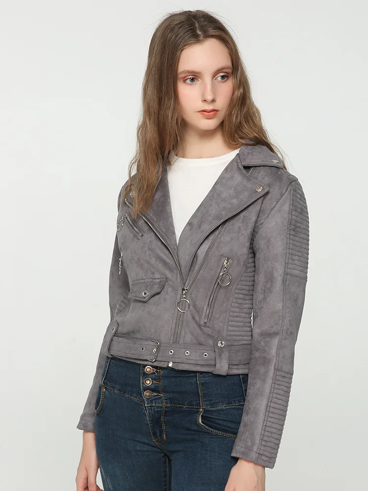 

Spring Autumn Women Streetwear Faux Suede Leather Short Jacket with Belt Moto Biker Zipper Lapel Coat Ladies Outwear