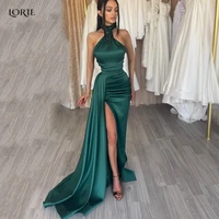 lorie forest green evening dresses halter sequins sexy dubai mermaid celebrity party gowns side split arabia mono prom dress
