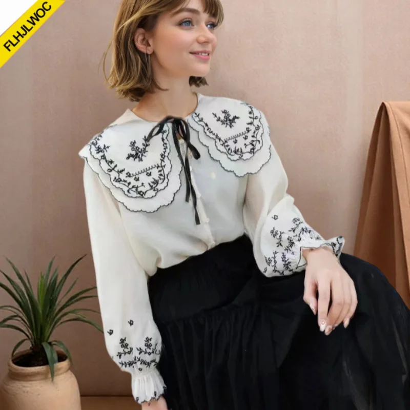 Фото Женские топы Mori Girls из Южной Кореи, милые, нежные, хлопковые, с вышивкой, в стиле преппи, винтажные, с воротником Питер Пэн, тонкие рубашки-блузки FLHJLWOC №3