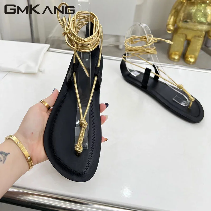 

Сандалии женские на плоской подошве, босоножки с перекрестной шнуровкой, римские сандалии, удобная обувь для отдыха, летние туфли