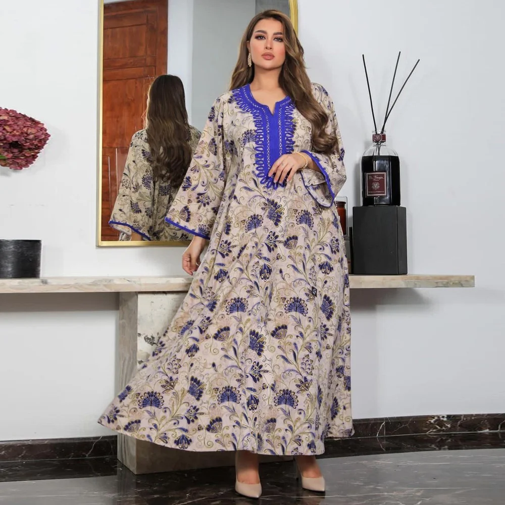 

Muslim women's dress blue lace ribbon summer fashion Muslim Robe