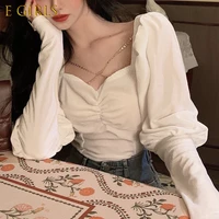 e girls summer france velvet blouses women puff sleeve solid y2k tops famales chiffon fashion clothing elegant korea style