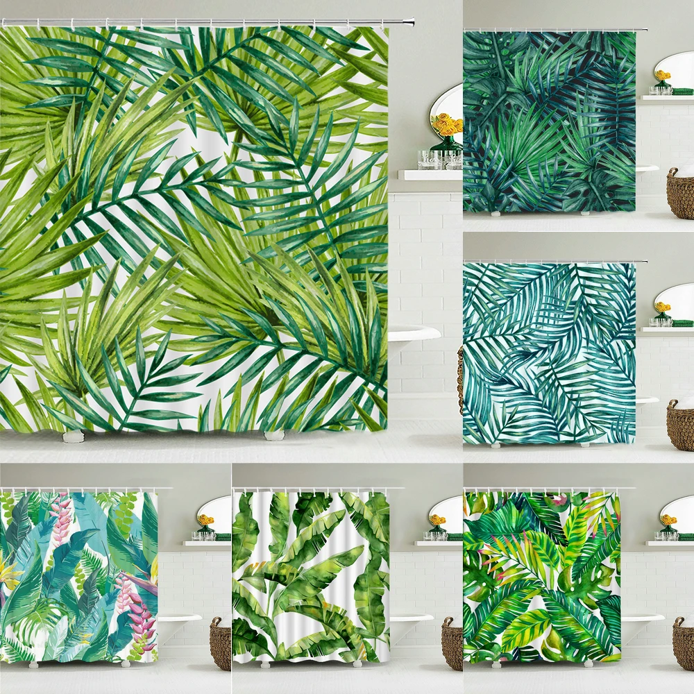 

Tropical Plant Green leaves Shower Curtain Bathroom Curtains With Hooks Monstera Palm Trees Waterproof Fabric Bathtub Decor