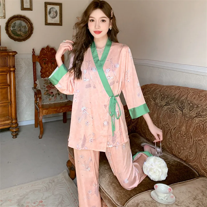 2023 Spring and Autumn New Pajamas Women's Artificial Silk Long-Sleeved Trousers Cardigan Flower Home Wear Lace-up Suit
