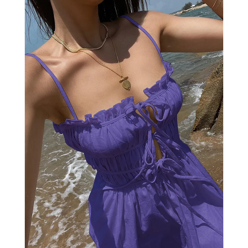 

Summer 2023 Sexy Hollow Out Women Cami Dress Sleeveless Pocket Summer Korean Fashion Wedding Casual Beach