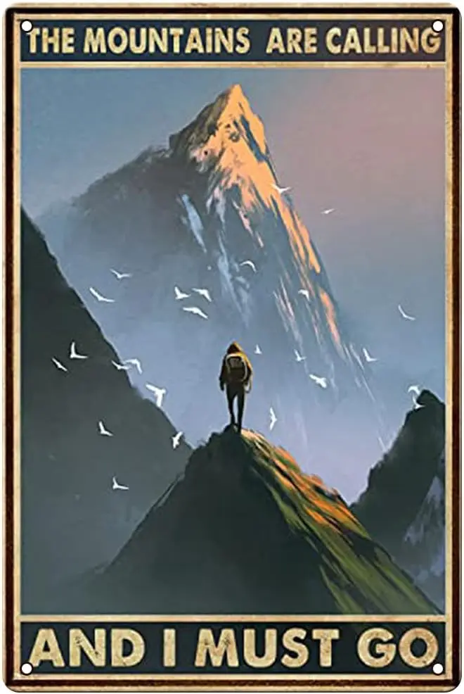 Горы вызываются винтажная металлическая жестяная вывеска для пеших прогулок в